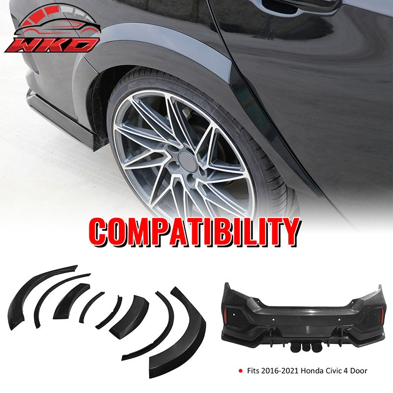 Fits 16-21 Honda Civic Sedan TR Style Rear Bumper Cover W/8PCS Fender Flares PP