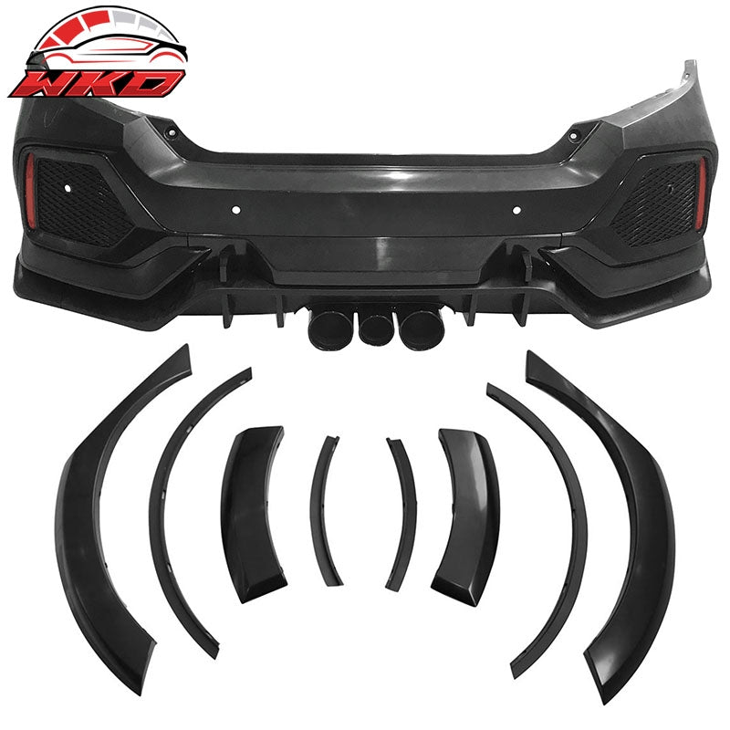 Fits 16-21 Honda Civic Sedan TR Style Rear Bumper Cover W/8PCS Fender Flares PP