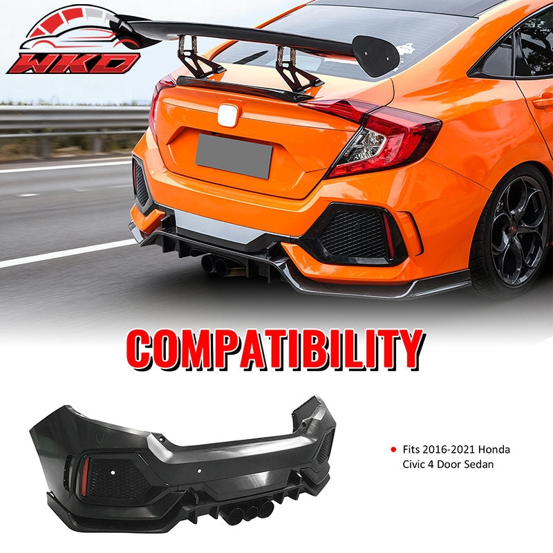 Fits 16-21 Honda Civic Sedan TR Style Rear Bumper Cover Replacement W/Diffuser
