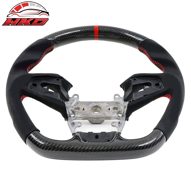 Fits 16-21 Honda Civic Carbon Fiber Steering Wheel Alcantara Red Stitch w/ Ring