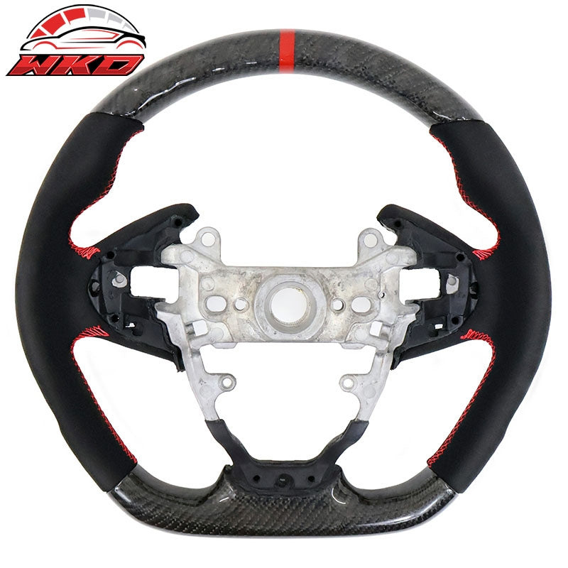 Fits 16-21 Honda Civic Carbon Fiber Steering Wheel Alcantara Red Stitch w/ Ring