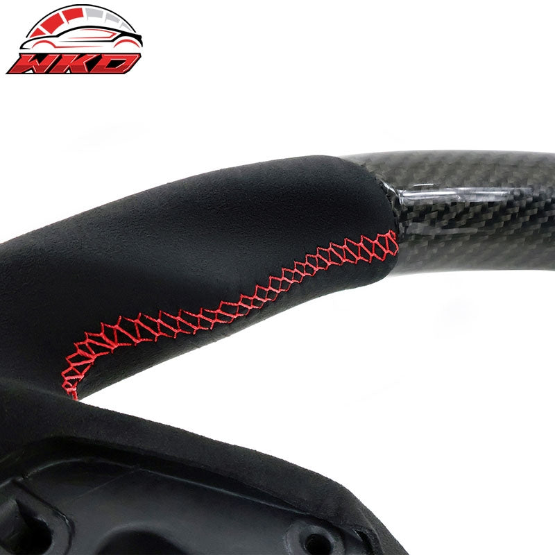 Fits 16-21 Honda Civic Carbon Fiber Steering Wheel Alcantara Red Stitch w/ Ring