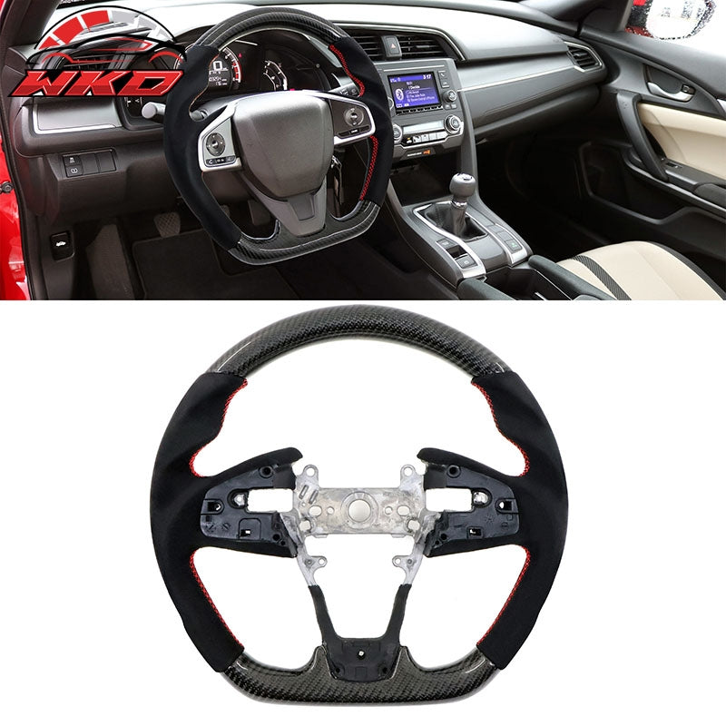 Fits 16-21 Honda Civic 10th Gen Steering Wheel W/Red Stitch Carbon Fiber CF