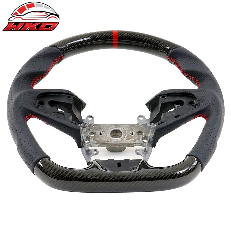 Fits 16-21 Honda Civic Steering Wheel Carbon Fiber Leather Red Stitch w/ Ring