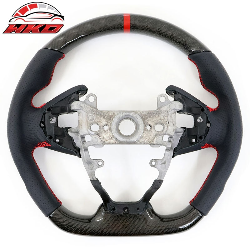 Fits 16-21 Honda Civic Steering Wheel Carbon Fiber Leather Red Stitch w/ Ring