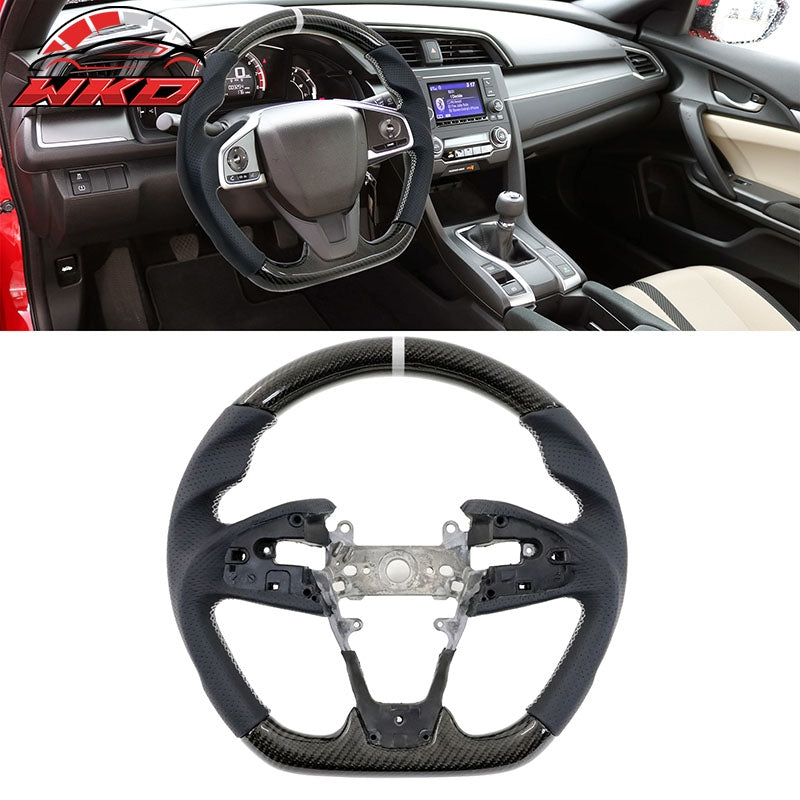 Fits 16-21 Honda Civic Steering Wheel Carbon Fiber Leather White Stitch w/ Ring