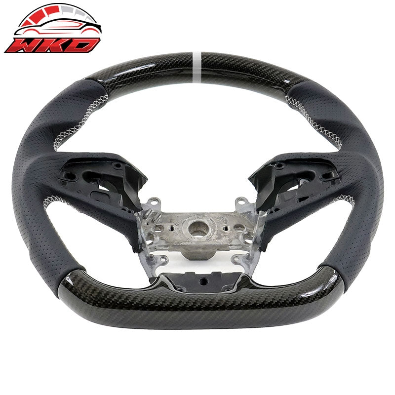 Fits 16-21 Honda Civic Steering Wheel Carbon Fiber Leather White Stitch w/ Ring