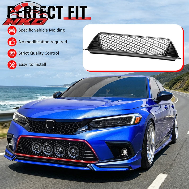 Fits 22-24 Honda Civic Type R Style Front Grille LED Foglight Bezels Gloss Black
