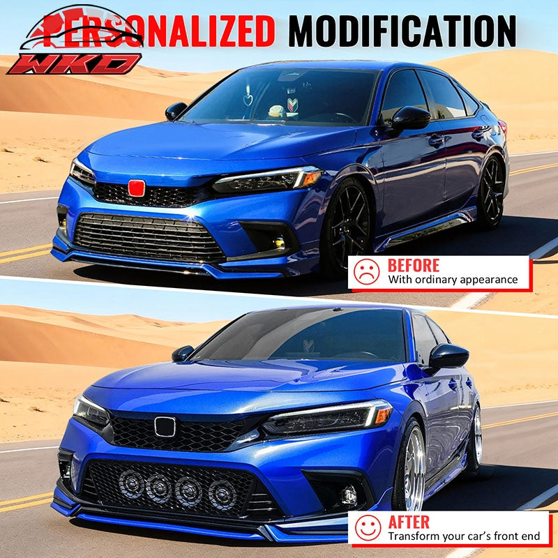 Fits 22-24 Honda Civic Type R Style Front Grille LED Foglight Bezels Gloss Black
