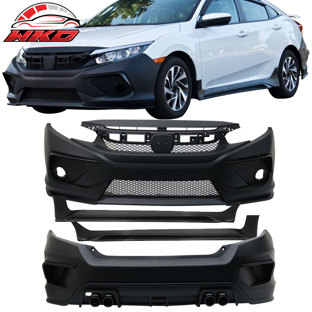 Fits 16-21 Honda Civic Concept Style Front + Rear Bumper Cover + Side Skirts