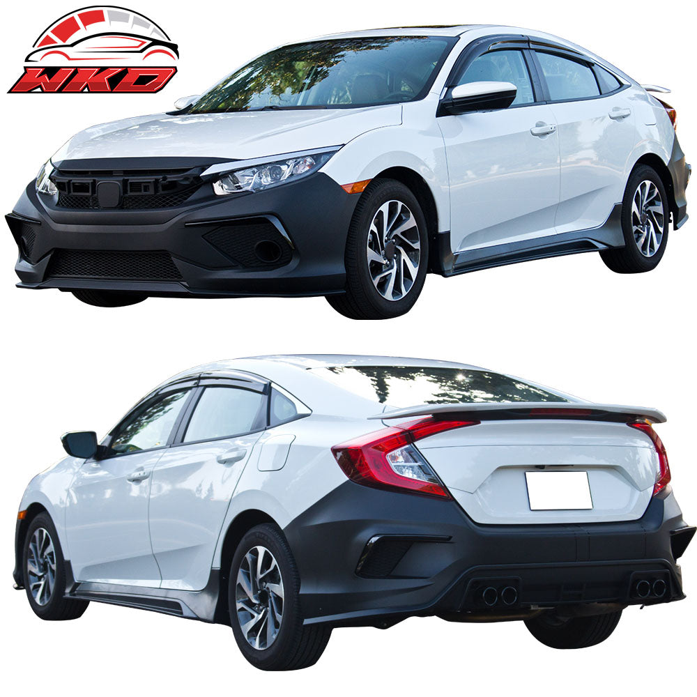 Fits 16-21 Honda Civic Concept Style Front + Rear Bumper Cover + Side Skirts