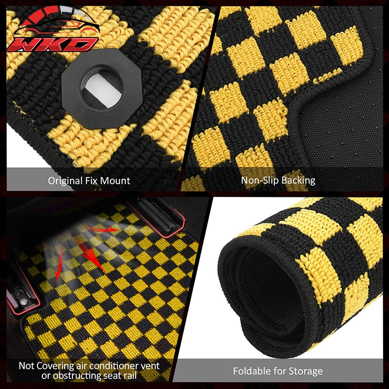 Fits 09-13 Honda Fit Anti-slip Floor Mats Checkered Carpets Black Yellow Plaid