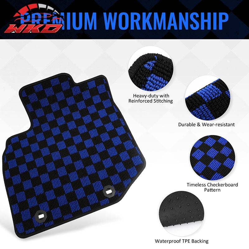Fits 09-13 Honda Fit Car Anti-slip Floor Mats Checkered Carpets Black Blue Plaid