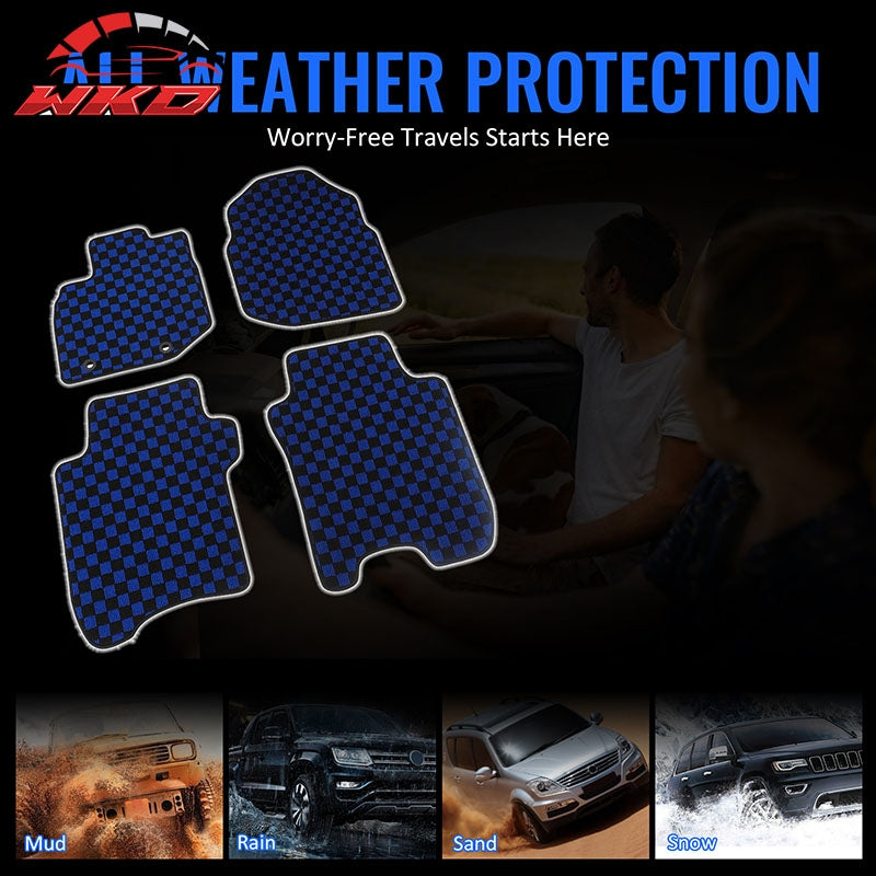 Fits 09-13 Honda Fit Car Anti-slip Floor Mats Checkered Carpets Black Blue Plaid