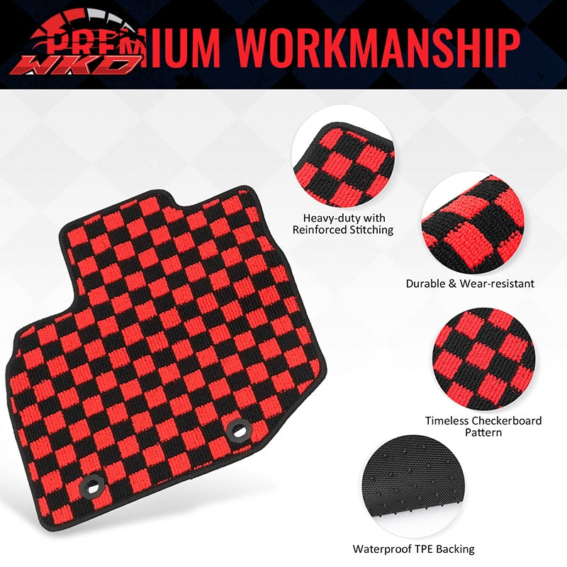 Fits 09-13 Honda Fit Car Anti-slip Floor Mats Checkered Carpets Black Red Plaid