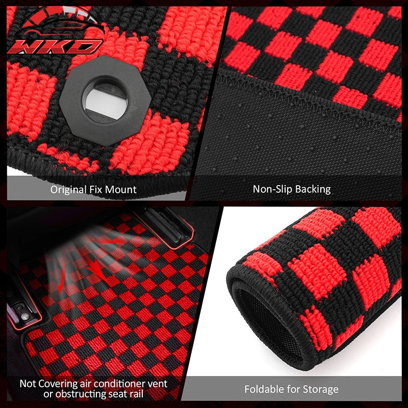 Fits 09-13 Honda Fit Car Anti-slip Floor Mats Checkered Carpets Black Red Plaid