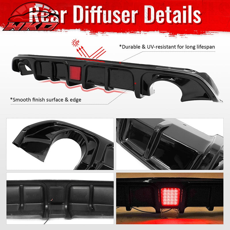 Fits 17-22 INFINITI Q60 LED Rear Bumper Diffuser Lip W/ 4-Fin PP Gloss Black