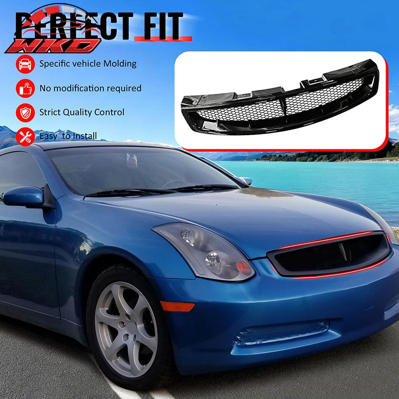 For 03-07 Infiniti G35 Coupe JDM Style Front Bumper Upper Grille Gloss Black ABS