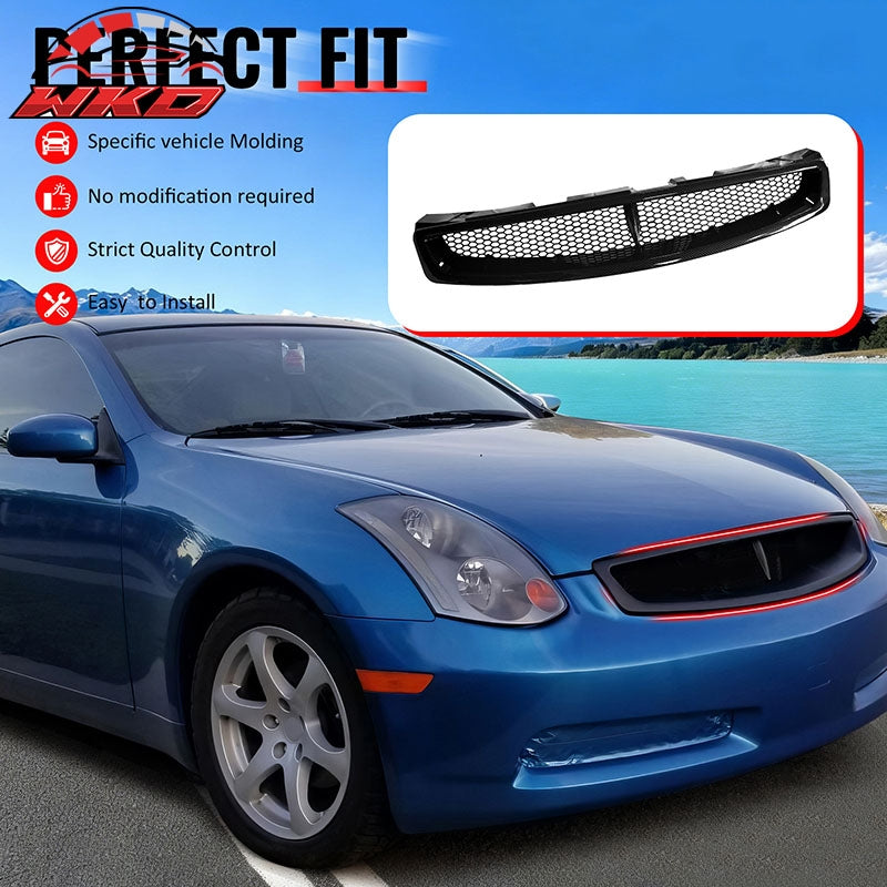 Fits 03-07 Infiniti G35 Coupe JDM Style Front Upper Grille Carbon Fiber Look ABS