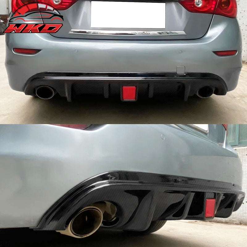 Fits 14-17 Infiniti Q50 Carbon Fiber Print LED Brake Light Rear Bumper Diffuser