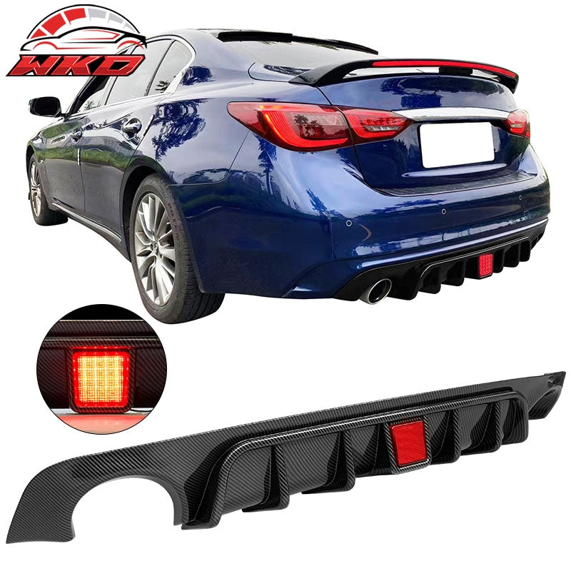 Fits 18-24 Infiniti Q50 Carbon Fiber Print LED Brake Light Rear Bumper Diffuser