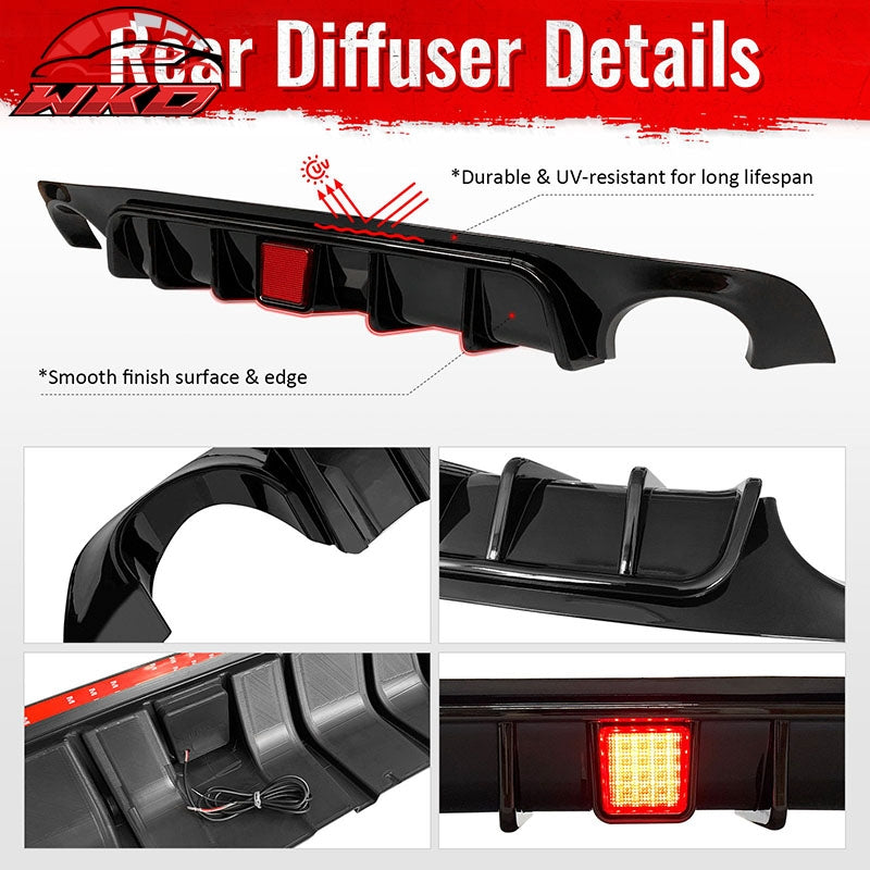 Fits 18-24 Infiniti Q50 Gloss Black LED Brake Light Rear Bumper Lip Diffuser PP