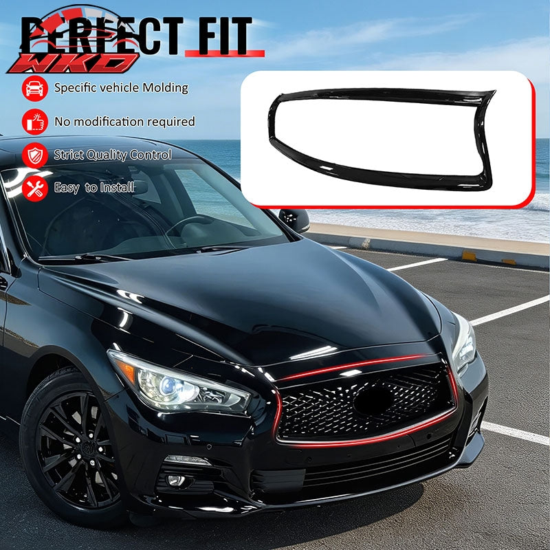 Fits 14-17 Infiniti Q50 Gloss Black OE Style Front Grill Frame Outline Trim ABS