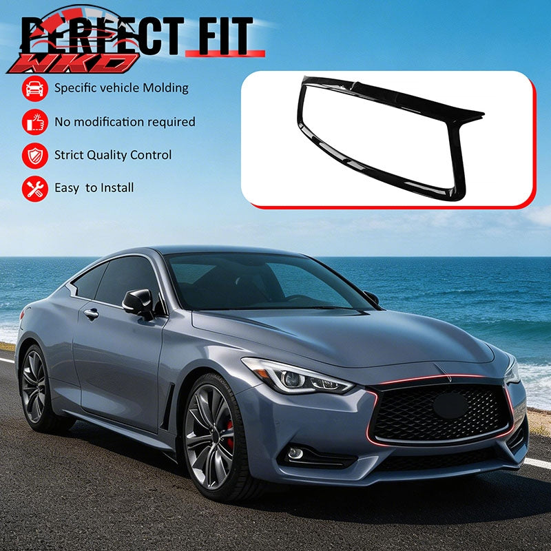 For 17-22 Infiniti Q60 Gloss Black OE Style Front Grille Frame Outline Trim ABS