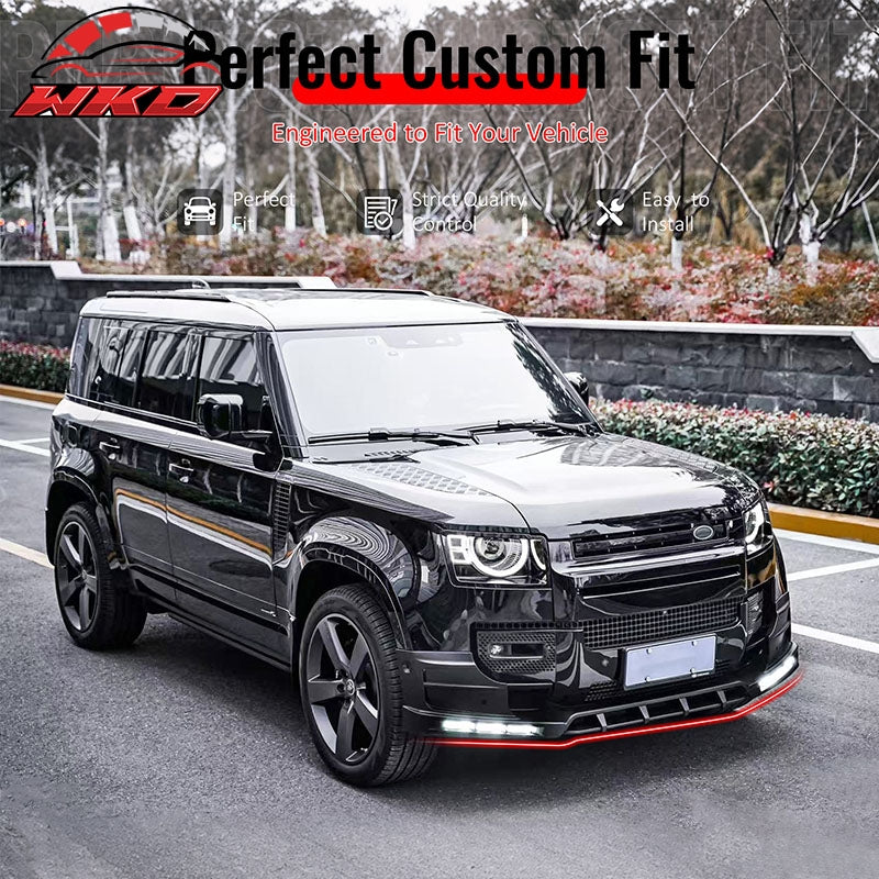 Fits 20-26 Land Rover Defender 90/110/130 Front Bumper Lip Gloss LED DRL Spoiler