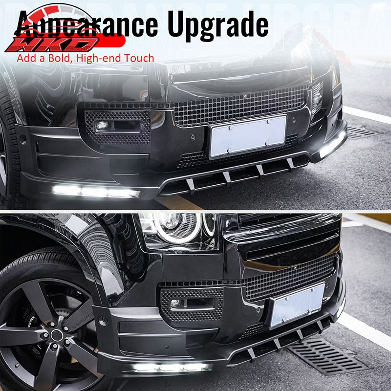 Fits 20-26 Land Rover Defender 90/110/130 Front Bumper Lip Gloss LED DRL Spoiler