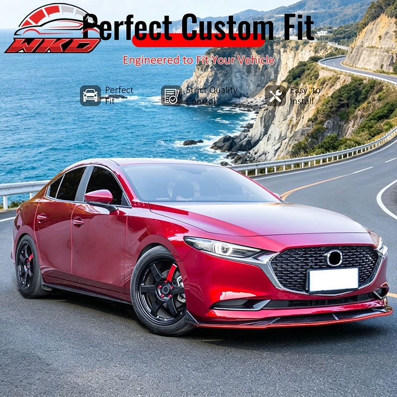 For 19-26 Mazda 3 Sedan IKON Style Front Bumper Lip Chin Spoiler Gloss Black 3PC
