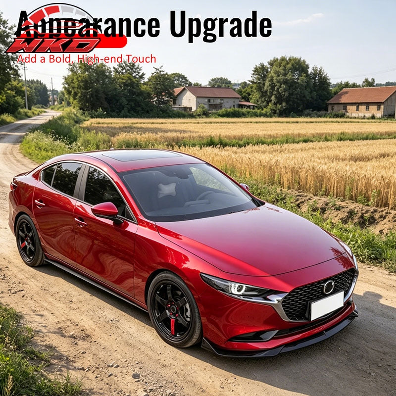 For 19-26 Mazda 3 Sedan IKON Style Front Bumper Lip Chin Spoiler Gloss Black 3PC