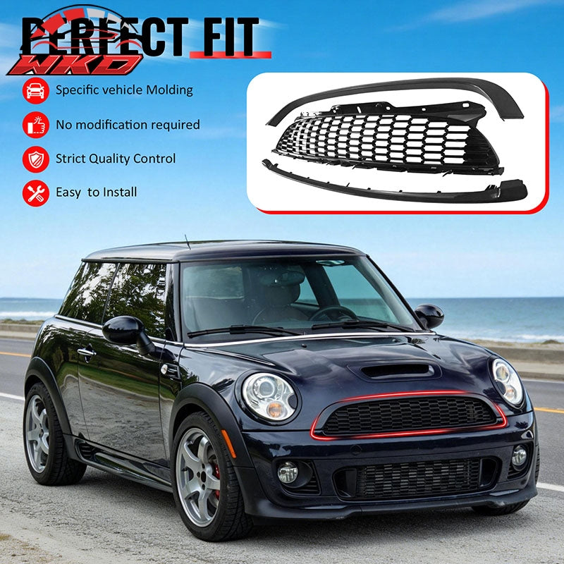 For 08-15 Mini Cooper S JCW R55 R56 R57 R58 R59 Gloss Black Front Grille w/Frame