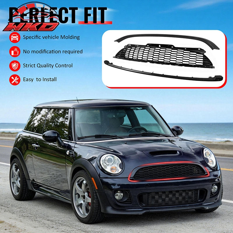 For 08-15 Mini Cooper S JCW R55-R59 Carbon Fiber Print Front Grille w/ Frame ABS