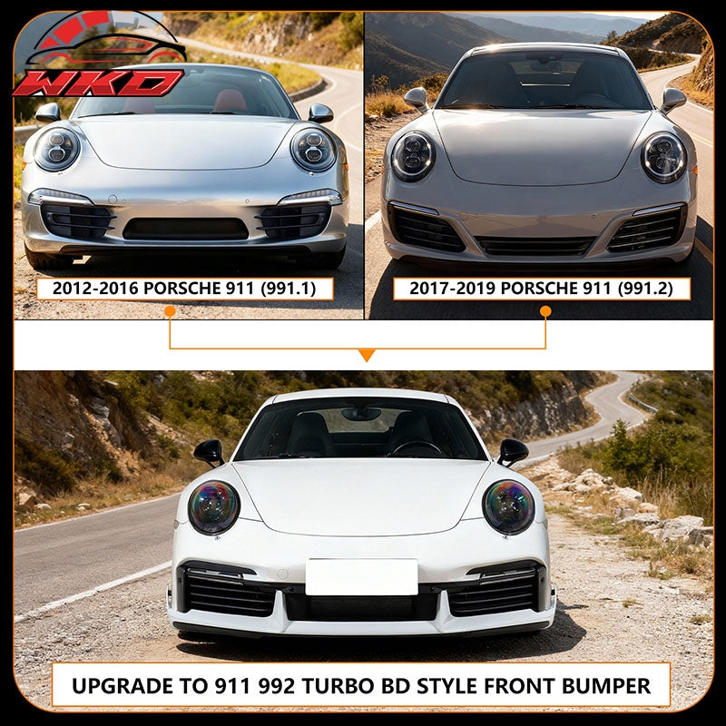 For 12-19 Porsche 911 Turbo SD Style Front Bumper Cover + DRL Upgrade 991 to 992