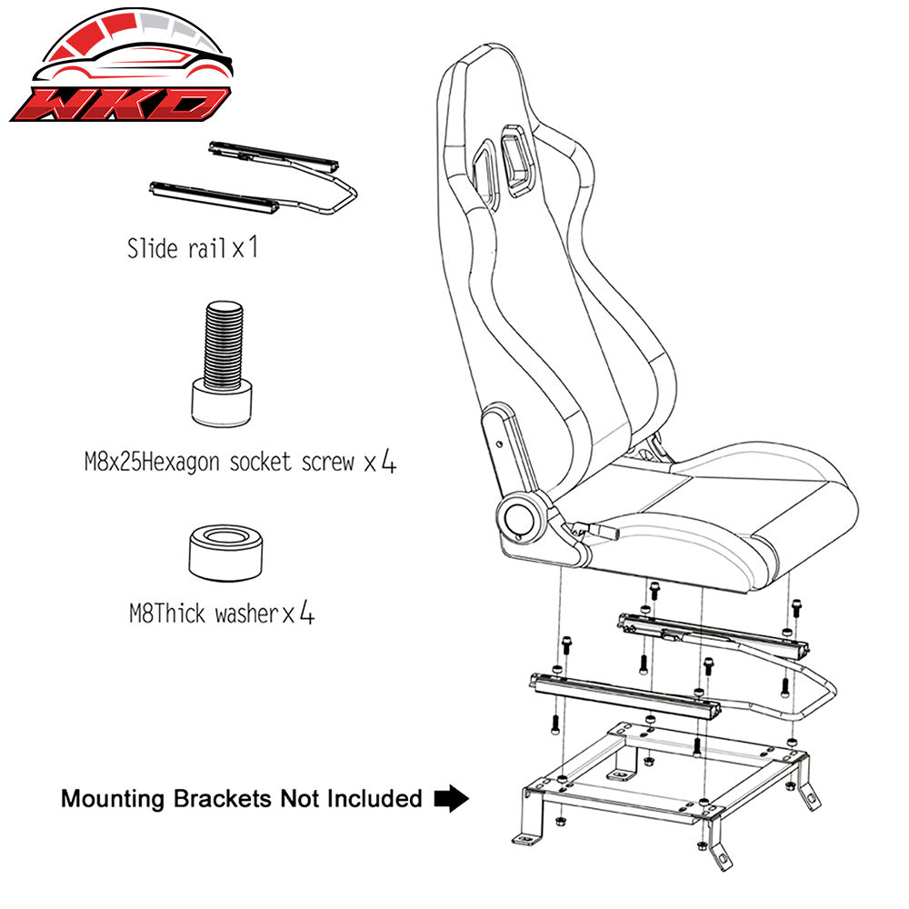 Universal Pair Reclinable Racing Seat Dual Slider Black PU WH Stripe