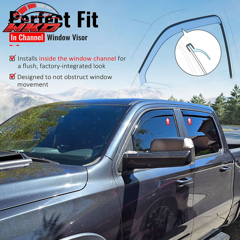 Fits 19-26 Ram 1500 Crew Cab In-Channel Window Visors Sun Rain Guards Deflectors