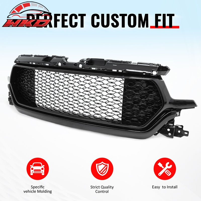 Fits 19-24 Ram 1500 Longhorn Honeycomb Front Bumper Hood Grille Gloss Black ABS