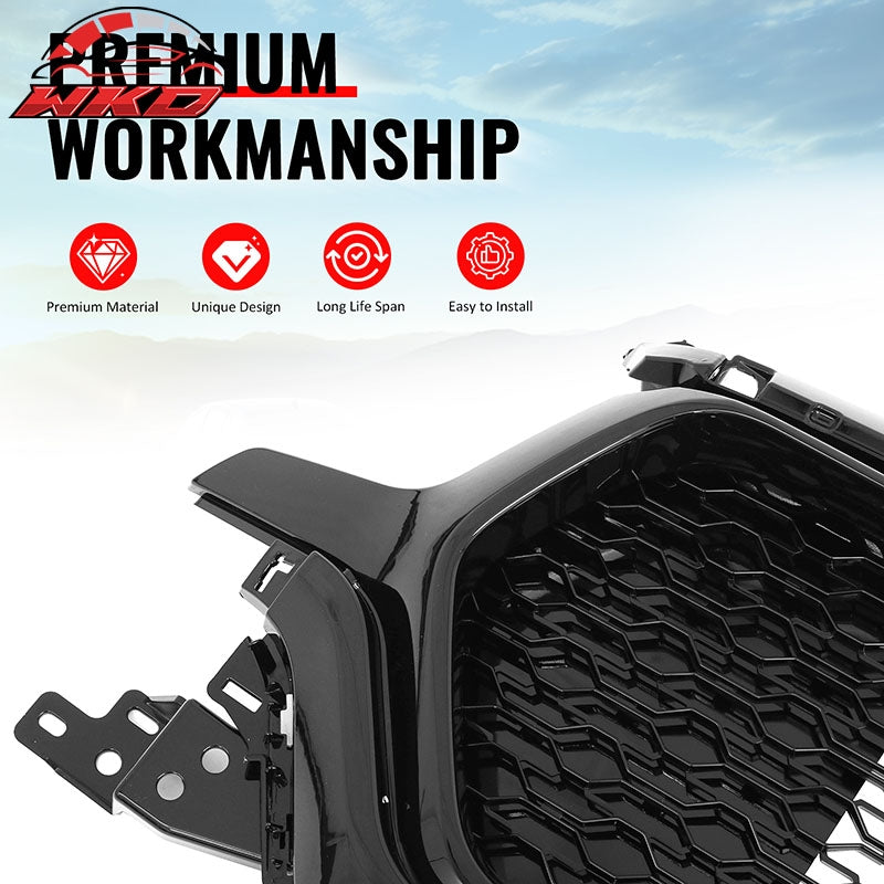 Fits 19-24 Ram 1500 Longhorn Honeycomb Front Bumper Hood Grille Gloss Black ABS