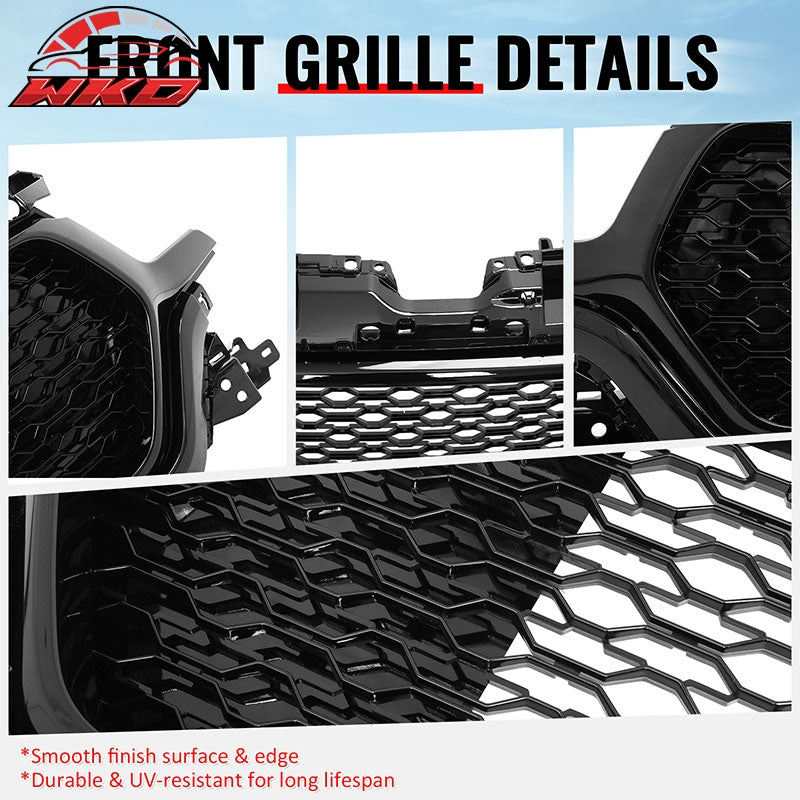 Fits 19-24 Ram 1500 Longhorn Honeycomb Front Bumper Hood Grille Gloss Black ABS
