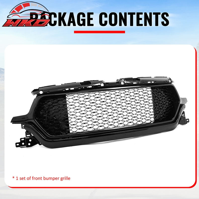 Fits 19-24 Ram 1500 Longhorn Honeycomb Front Bumper Hood Grille Gloss Black ABS