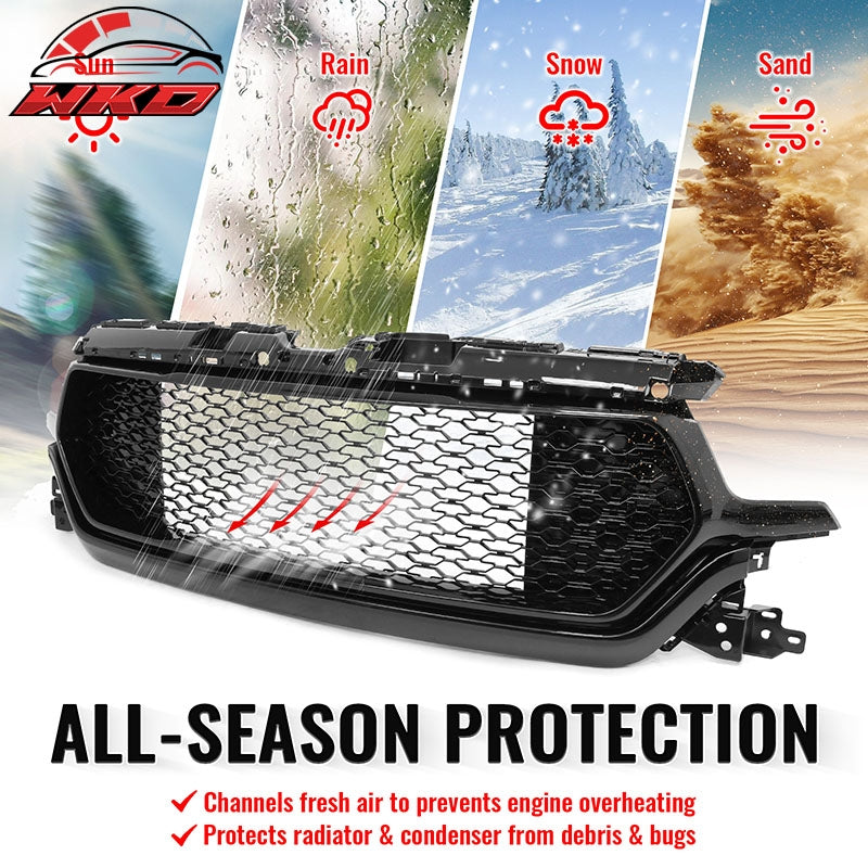 Fits 19-24 Ram 1500 Longhorn Honeycomb Front Bumper Hood Grille Gloss Black ABS