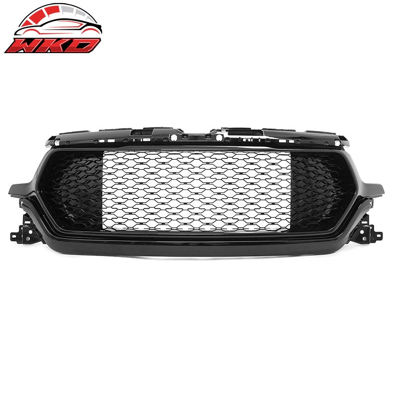 Fits 19-24 Ram 1500 Longhorn Honeycomb Front Bumper Hood Grille Gloss Black ABS