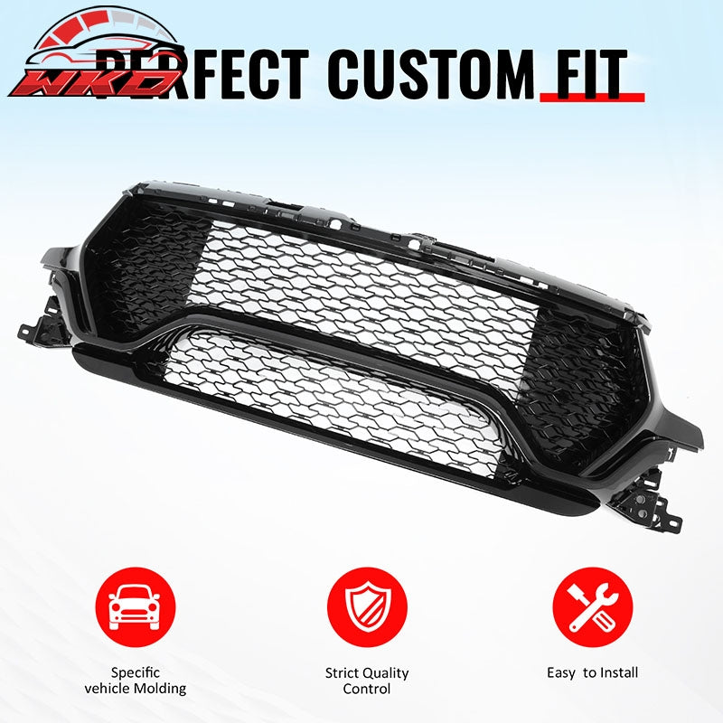 Fits 19-24 Ram 1500 Longhorn TRX Style Front Bumper Hood Grille Gloss Black ABS