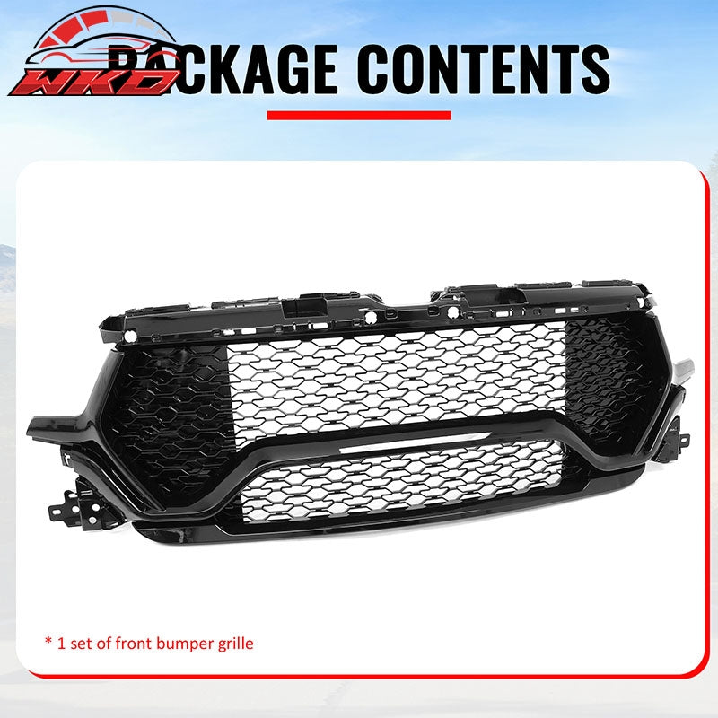 Fits 19-24 Ram 1500 Longhorn TRX Style Front Bumper Hood Grille Gloss Black ABS