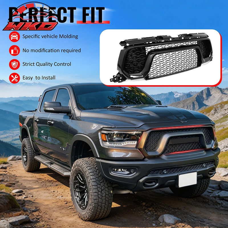For 19-24 Ram 1500 Rebel OE Style Front Bumper Hood Grille Cover Gloss Black ABS
