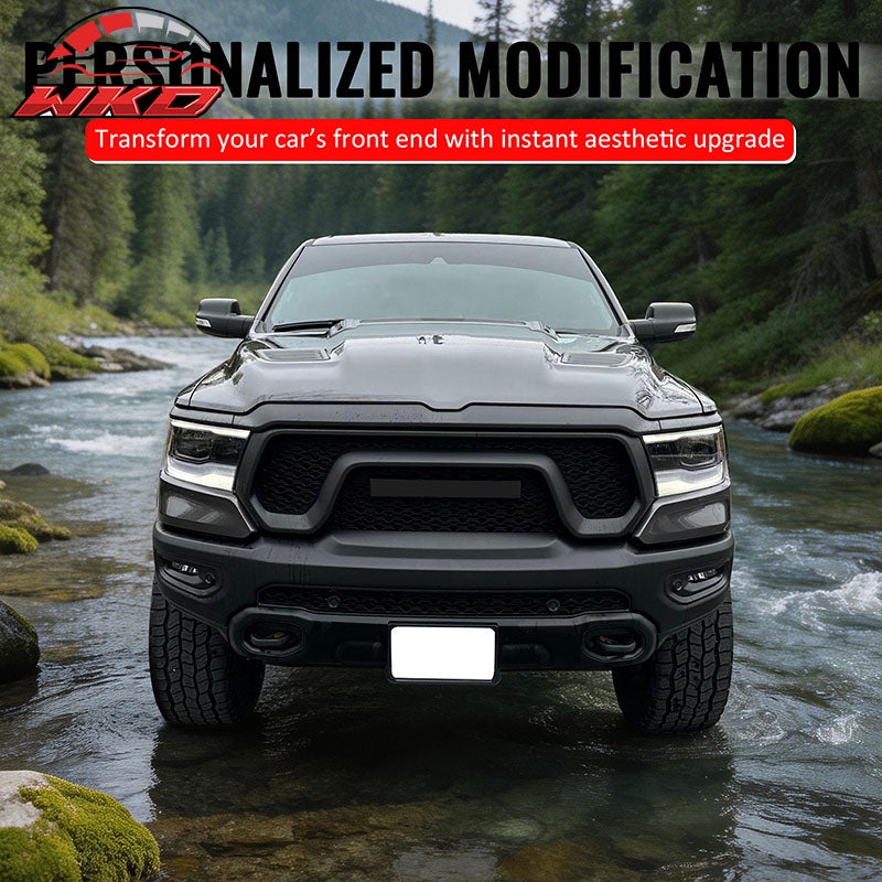 For 19-24 Ram 1500 Rebel OE Style Front Bumper Hood Grille Cover Gloss Black ABS