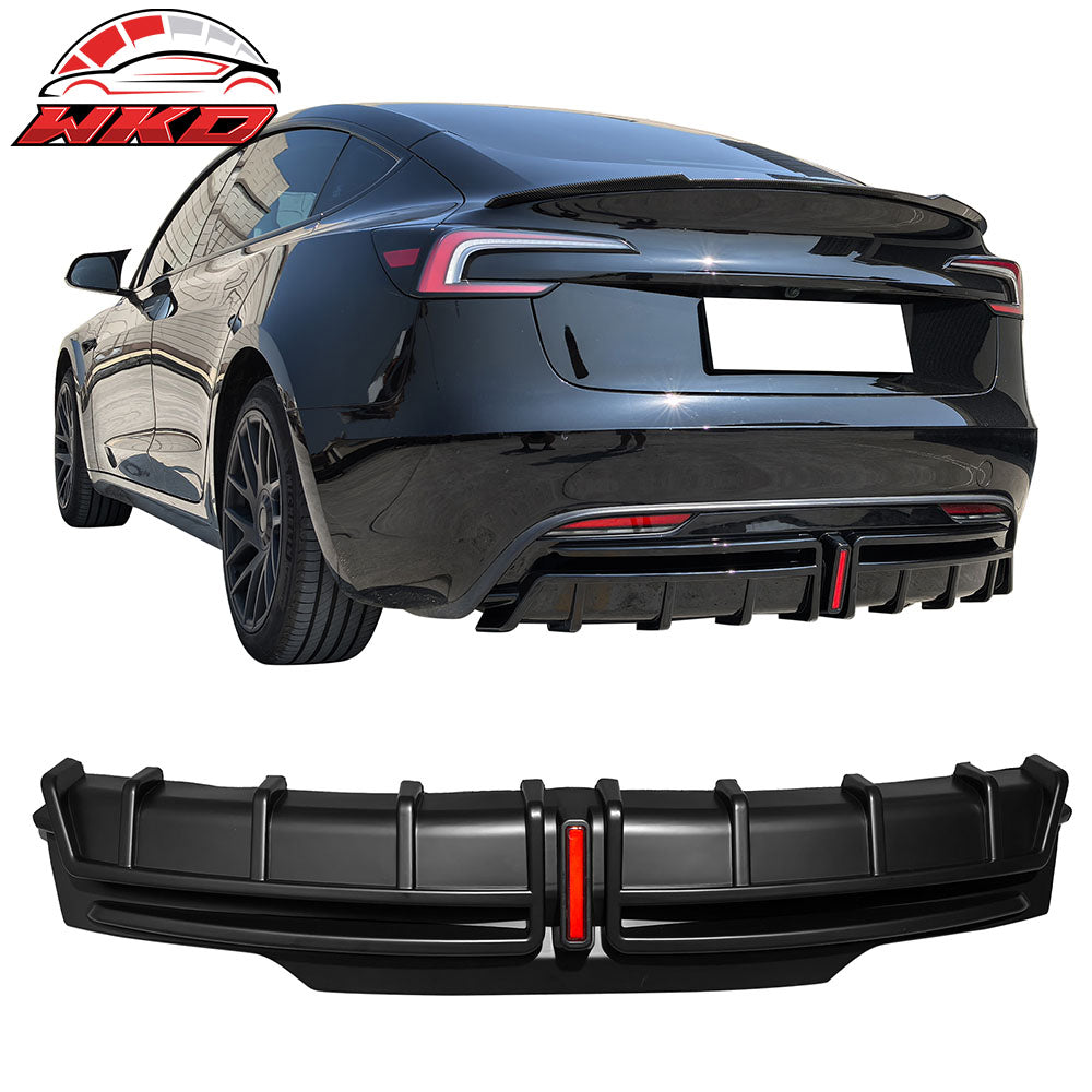 Fits 24-25 Tesla Model 3 Highland Rear Bumper Diffuser Matte Black Lip LED Apron
