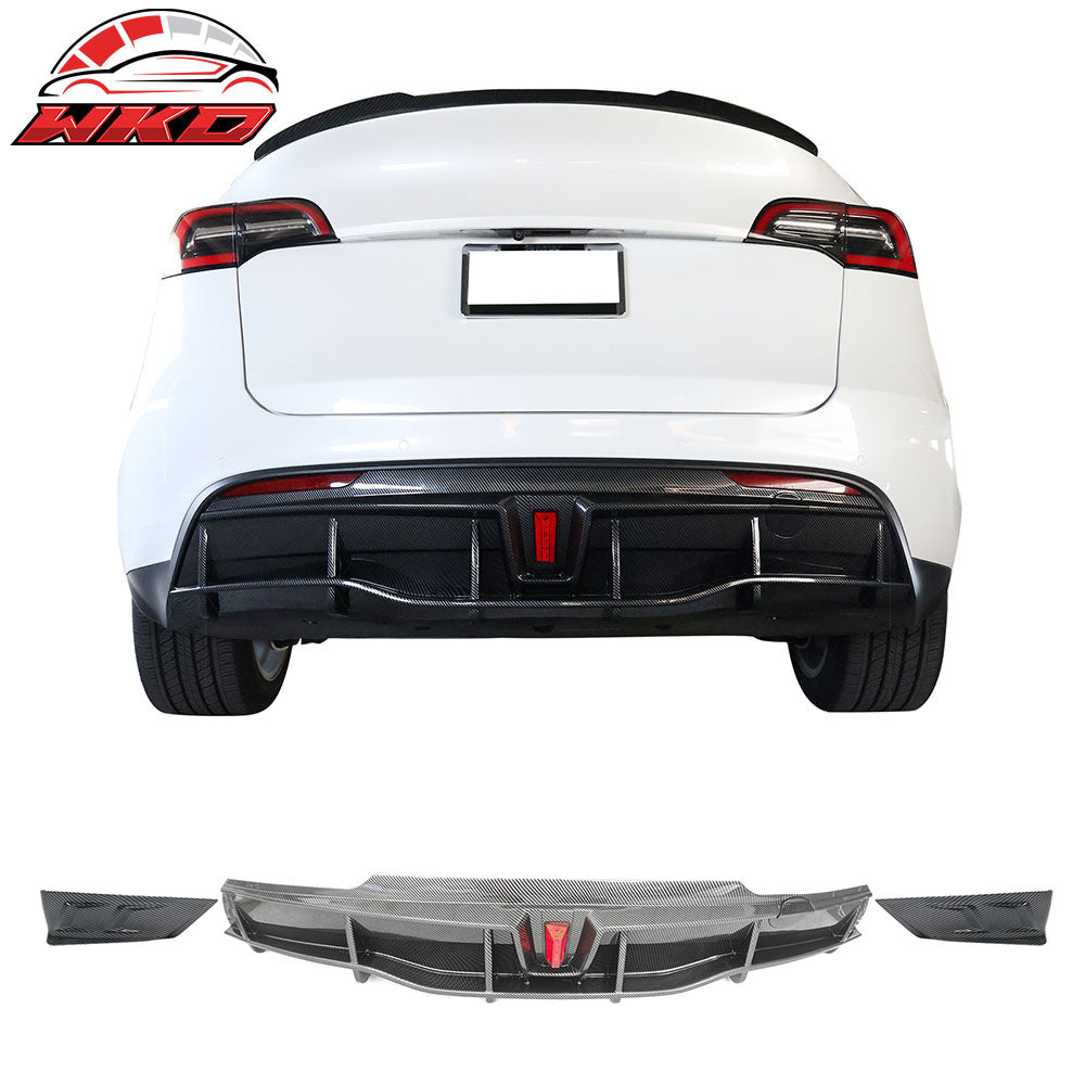 For 20-24 Tesla Y IKON Carbon Fiber Print Rear LED Diffuser Lip W/ Corner Aprons