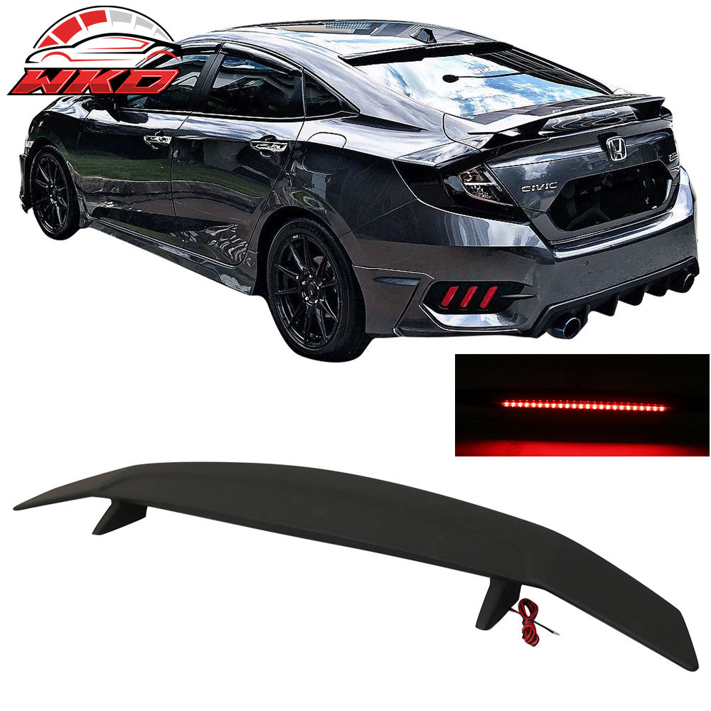 Fits 16-21 Civic Sedan 4Dr Trunk Spoiler Si Sport Wing & LED - Matte Black ABS